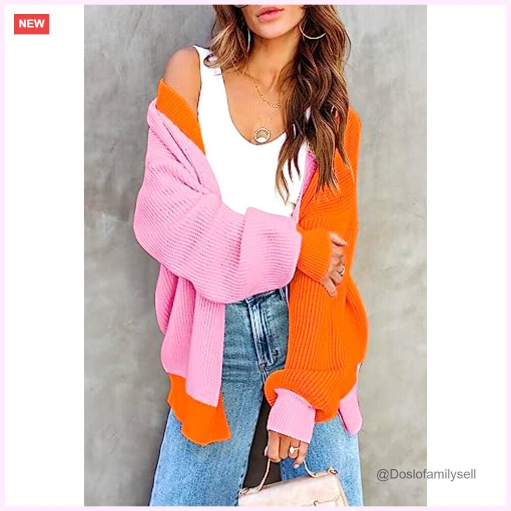 Oversized Ribbed Knit Cardigan with Batwing Sleeves and Pockets - Picture 3 of 7